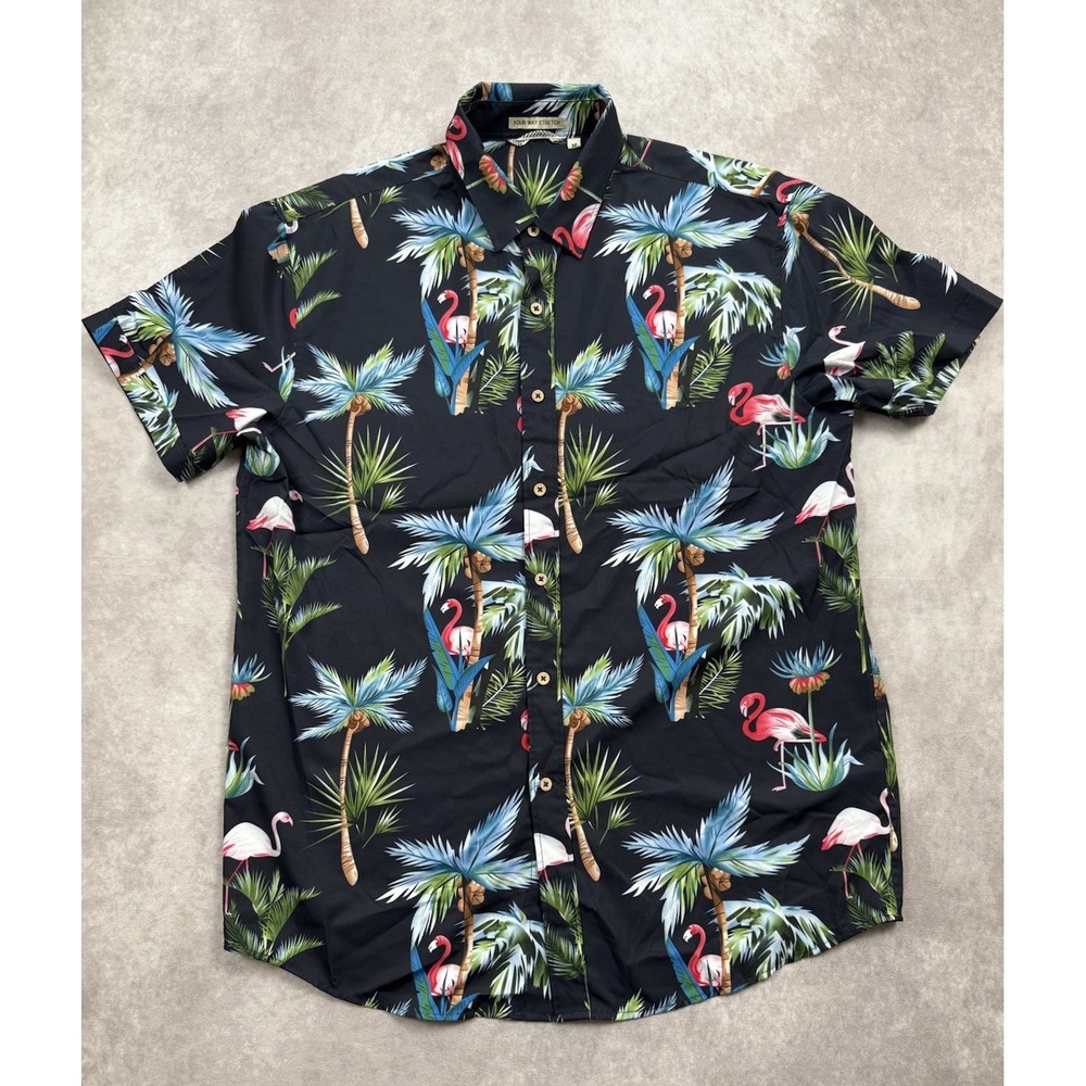4 Way Stretch Men's Sz M  Retro Hawaiian Shirt Flamingo Palm Tree Colors Summer‎
